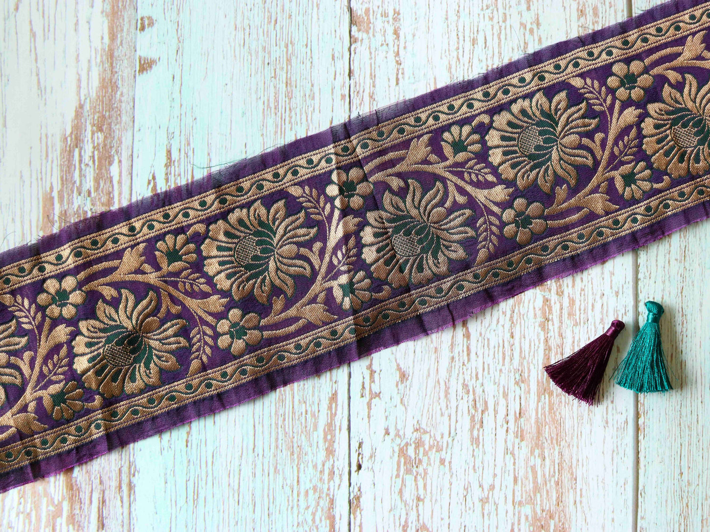 Purple Gold Floral Banarasi Trim,Brocade Silk Border,Indian Brocade Lace,Banarasi Saree Border,Purple Bridal Trim,Price/mtr