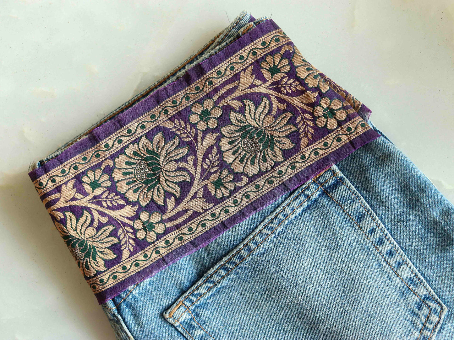 Purple Gold Floral Banarasi Trim,Brocade Silk Border,Indian Brocade Lace,Banarasi Saree Border,Purple Bridal Trim,Price/mtr