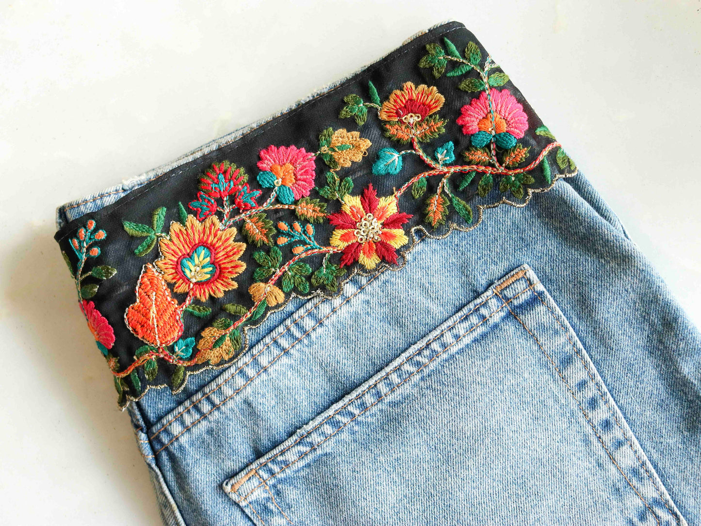 Black Floral Cutwork Embroidered Trim,Floral Tissue Border,Black Pink Orange Floral Lace,Indian Fabric Trim,Floral Saree Border,Price/mtr