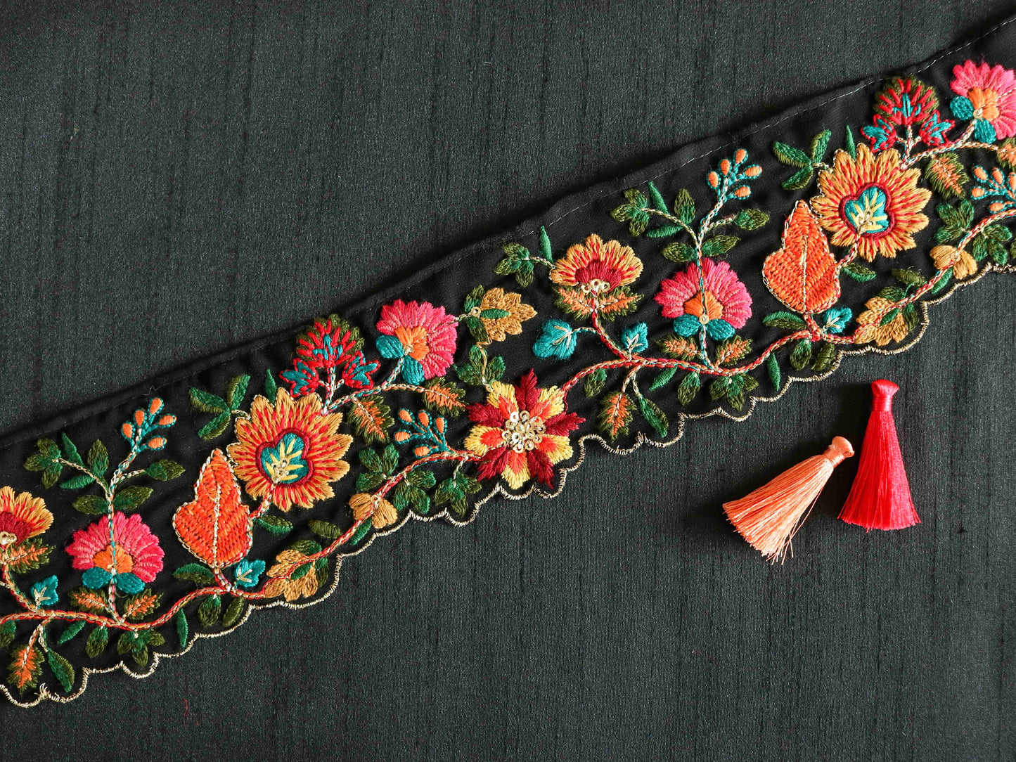 Black Floral Cutwork Embroidered Trim,Floral Tissue Border,Black Pink Orange Floral Lace,Indian Fabric Trim,Floral Saree Border,Price/mtr