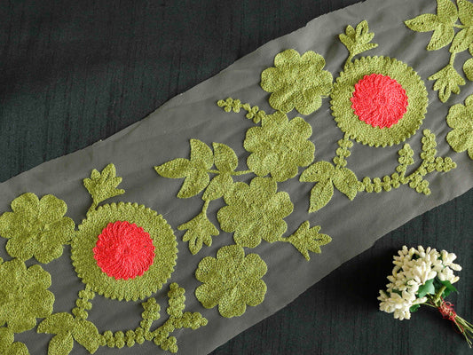 Green Pink Floral Net Trim,Broad Embroidered Net Floral Border,Beige Green Net Lace,Indian Fabric Trim,Floral Saree Border,Price/mtr
