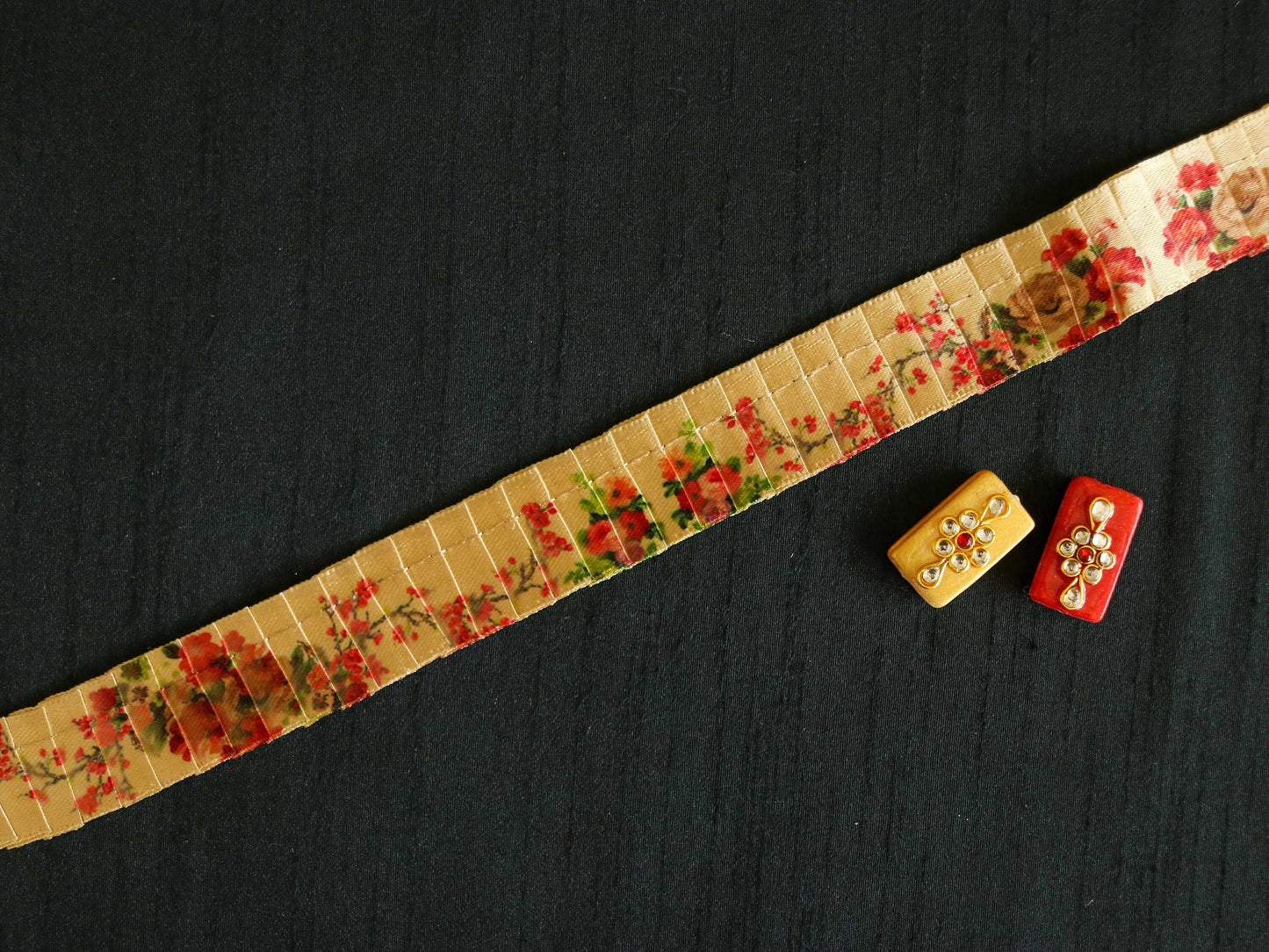 Yellow Floral Print Pleated Trim,Blue Pink Printed Border,Boho Floral Digital Print Lace,Floral Saree Border,Price/mtr