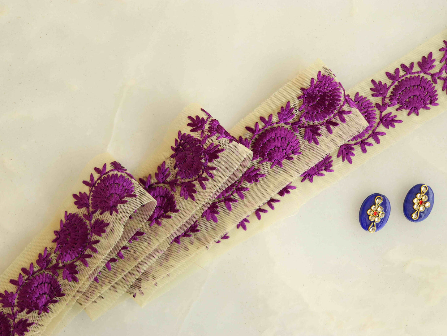 Purple Floral Embroidered Net Trim,Purple Floral Net Border,Purple Floral Lace,Indian Fabric Trim,Saree Border,Price/mtr