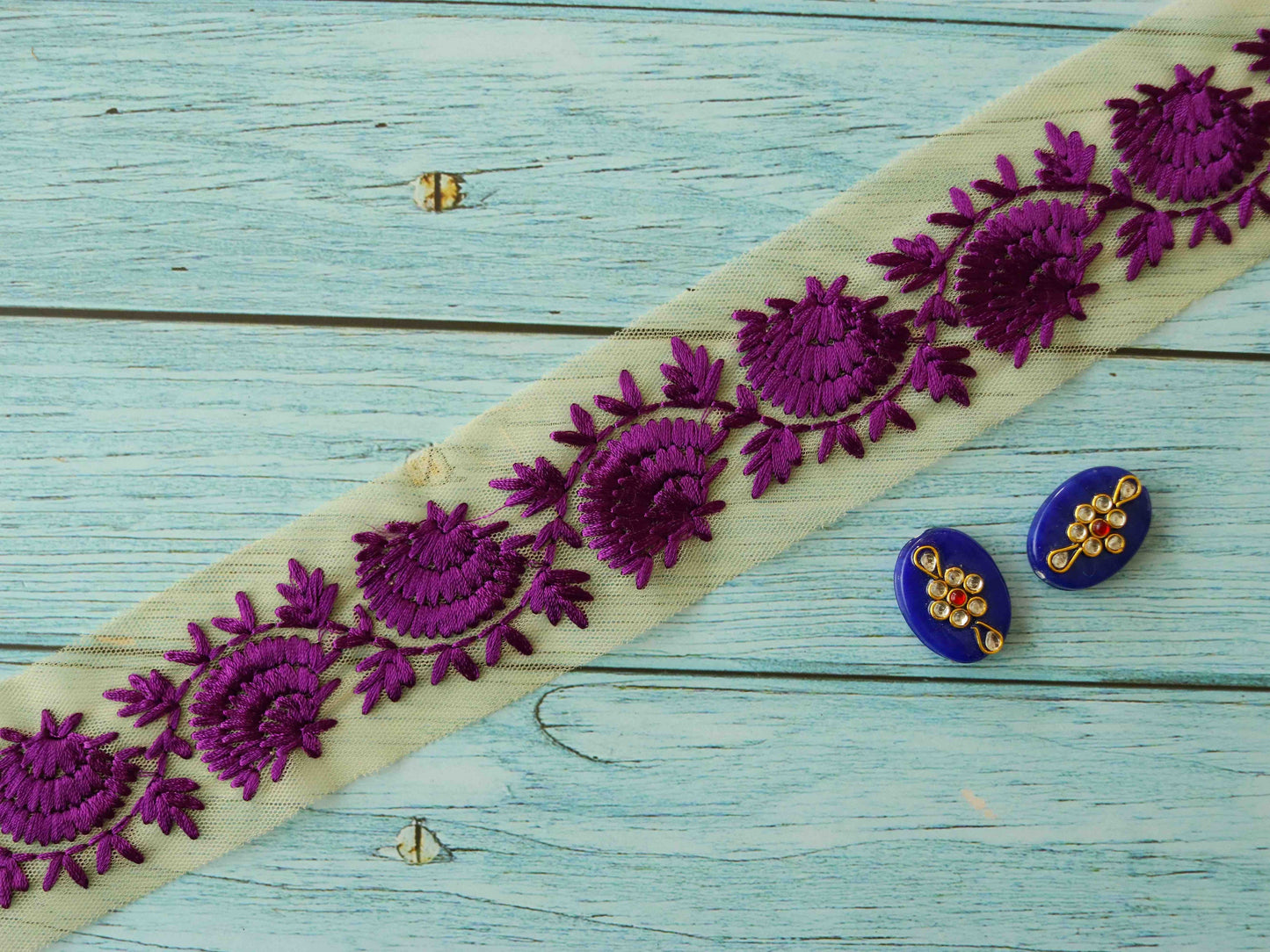 Purple Floral Embroidered Net Trim,Purple Floral Net Border,Purple Floral Lace,Indian Fabric Trim,Saree Border,Price/mtr