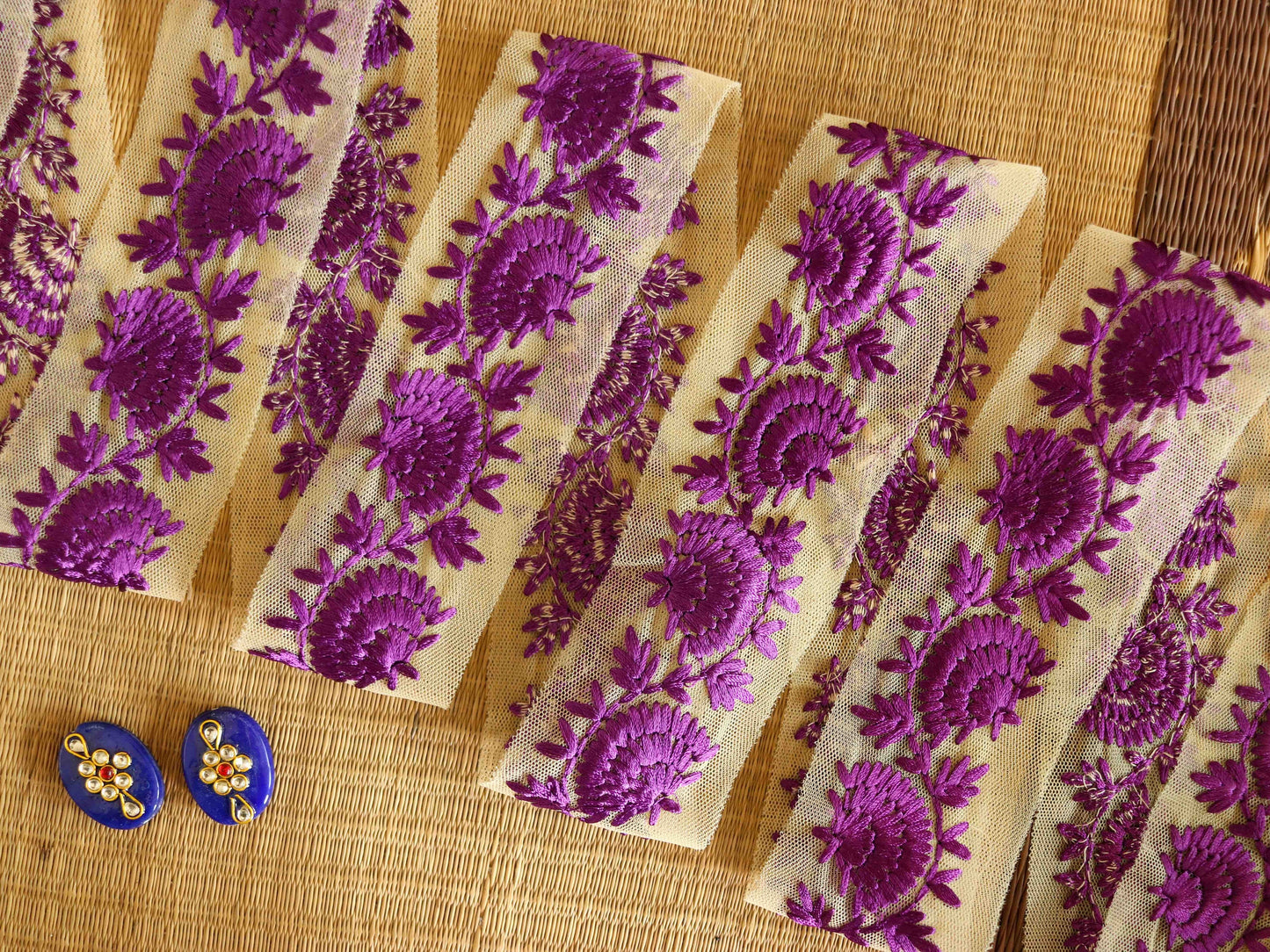Purple Floral Embroidered Net Trim,Purple Floral Net Border,Purple Floral Lace,Indian Fabric Trim,Saree Border,Price/mtr