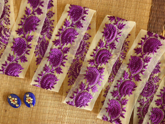 Purple Floral Embroidered Net Trim,Purple Floral Net Border,Purple Floral Lace,Indian Fabric Trim,Saree Border,Price/mtr