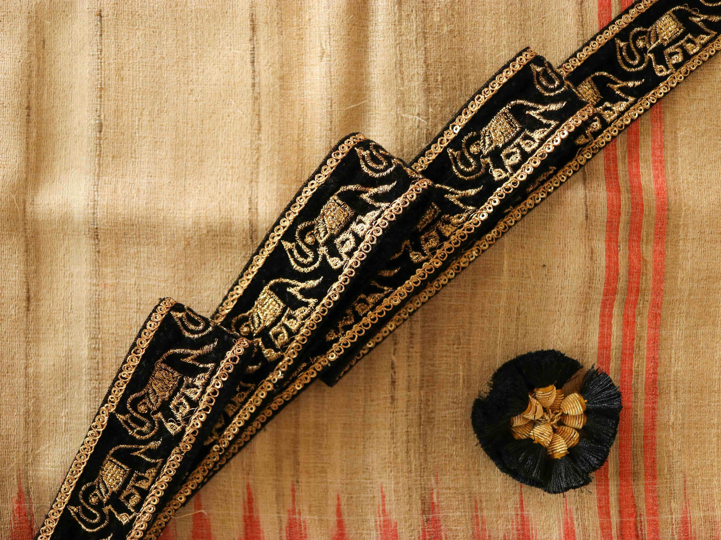Black Gold Elephant Embroidered Trim,Velvet Elephant Border,Black Gold Embroidery Lace,Boho Trim,Royal Indian Designer Trim,Price/mtr