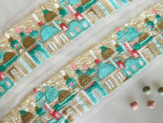 Green White Palace Net Trim,Mint Green Embroidered Temple Border,Palace Mosque Lace,Royal Designer Trim,Price/mtr