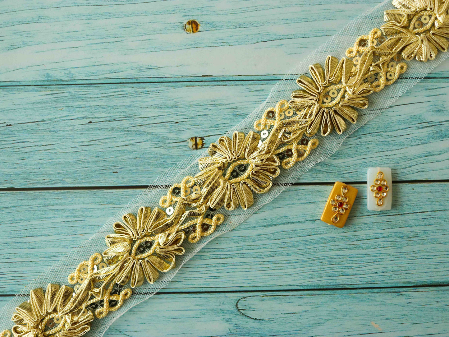 Gold Ribbon Floral Embroidered Trim,Gold White Applique Floral Lace,Indian Fabric Trim,Gold Floral Saree Border,Price/mtr