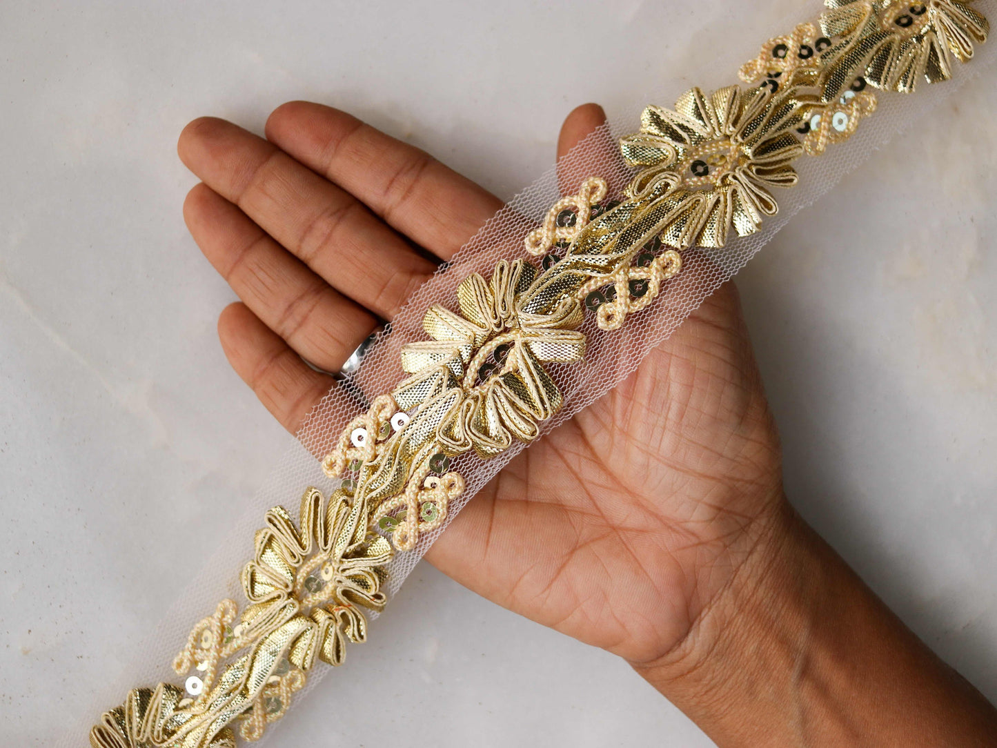 Gold Ribbon Floral Embroidered Trim,Gold White Applique Floral Lace,Indian Fabric Trim,Gold Floral Saree Border,Price/mtr