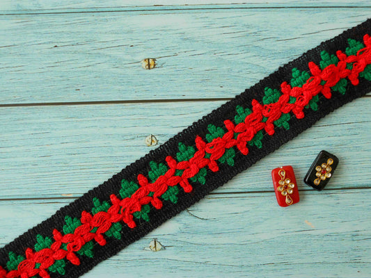 Red Green Floral Phulkari Trim,Embroidered Black Red Trim,Indian Fabric Border,Christmas Supply,Boho Black Lace,Floral Saree Border,Price/mt