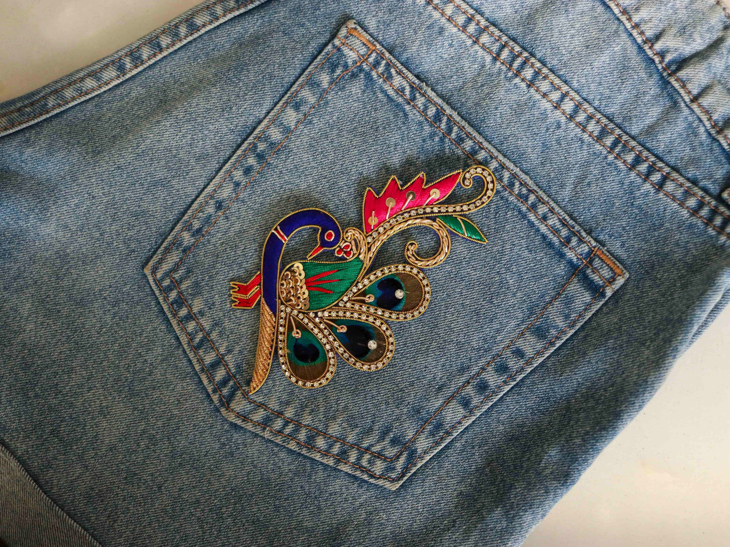 Boho peacock embroidered patch,Handmade peacock applique, Indian bird patch,Sew on Applique, DIY Patch