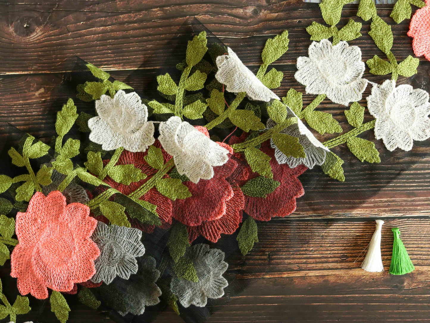 Black Pink Floral Net Trim,Broad Embroidered Net Floral Border,Black Green Net Lace,Indian Fabric Trim,Floral Saree Border,Price/mtr