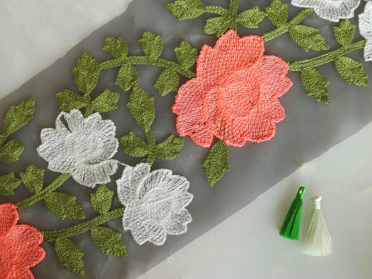 Black Pink Floral Net Trim,Broad Embroidered Net Floral Border,Black Green Net Lace,Indian Fabric Trim,Floral Saree Border,Price/mtr