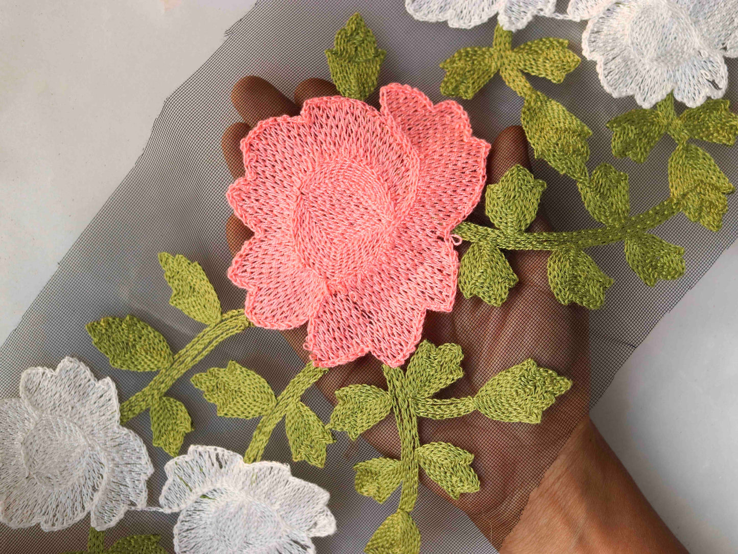 Black Pink Floral Net Trim,Broad Embroidered Net Floral Border,Black Green Net Lace,Indian Fabric Trim,Floral Saree Border,Price/mtr