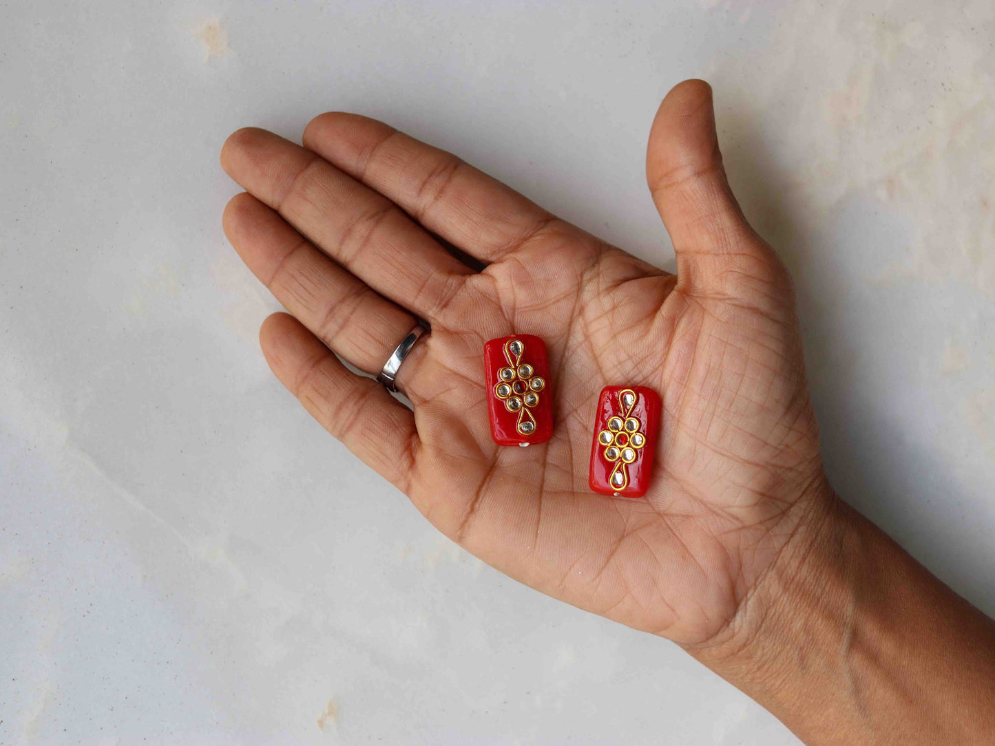 Red Glass Kundan Indian Button,Red White Kurta Button, Jaipur Kundan Charm,Indian Jewellery Ornament Trinket,Sherwani Button