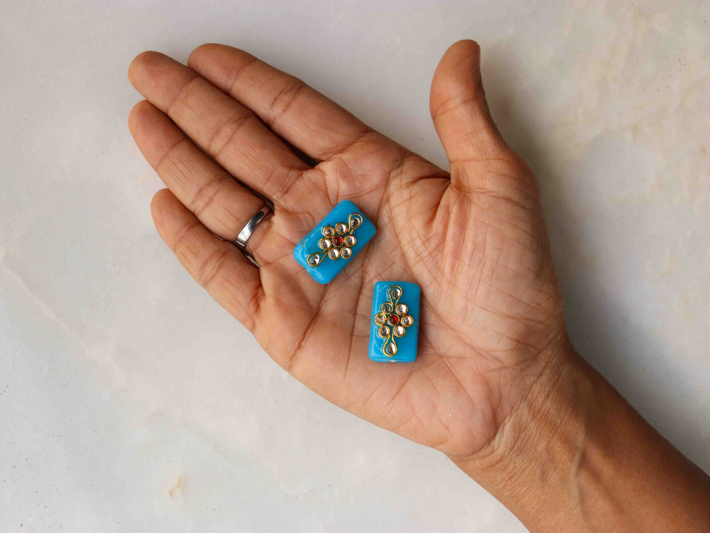 Blue Glass Kundan Indian Button,Blue White Kurta Button, Jaipur Kundan Charm,Indian Jewellery Ornament Trinket,Sherwani Button