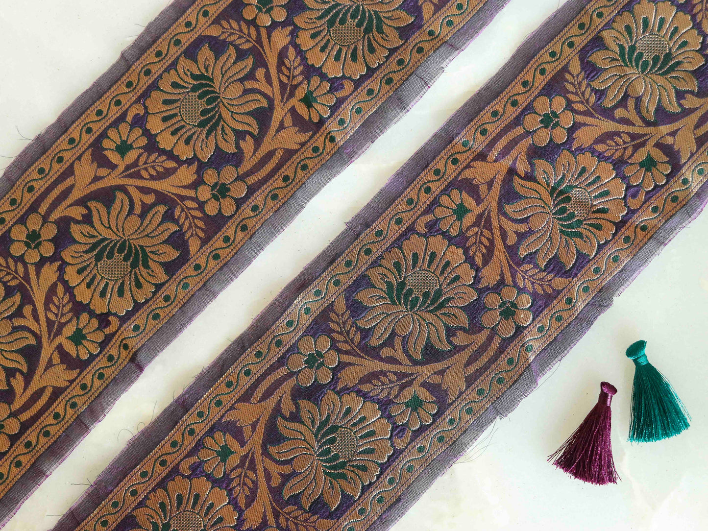 Purple Gold Floral Banarasi Trim,Brocade Silk Border,Indian Brocade Lace,Banarasi Saree Border,Purple Bridal Trim,Price/mtr