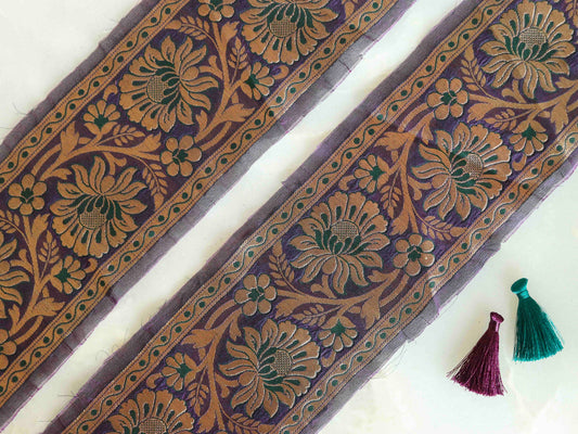 Purple Gold Floral Banarasi Trim,Brocade Silk Border,Indian Brocade Lace,Banarasi Saree Border,Purple Bridal Trim,Price/mtr