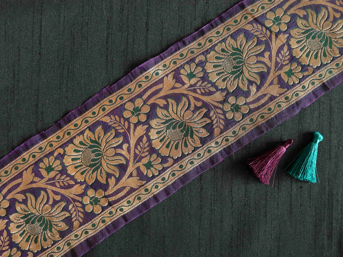 Purple Gold Floral Banarasi Trim,Brocade Silk Border,Indian Brocade Lace,Banarasi Saree Border,Purple Bridal Trim,Price/mtr