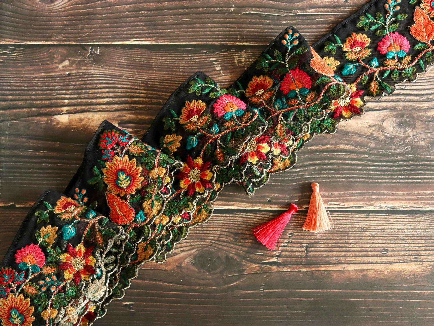 Black Floral Cutwork Embroidered Trim,Floral Tissue Border,Black Pink Orange Floral Lace,Indian Fabric Trim,Floral Saree Border,Price/mtr
