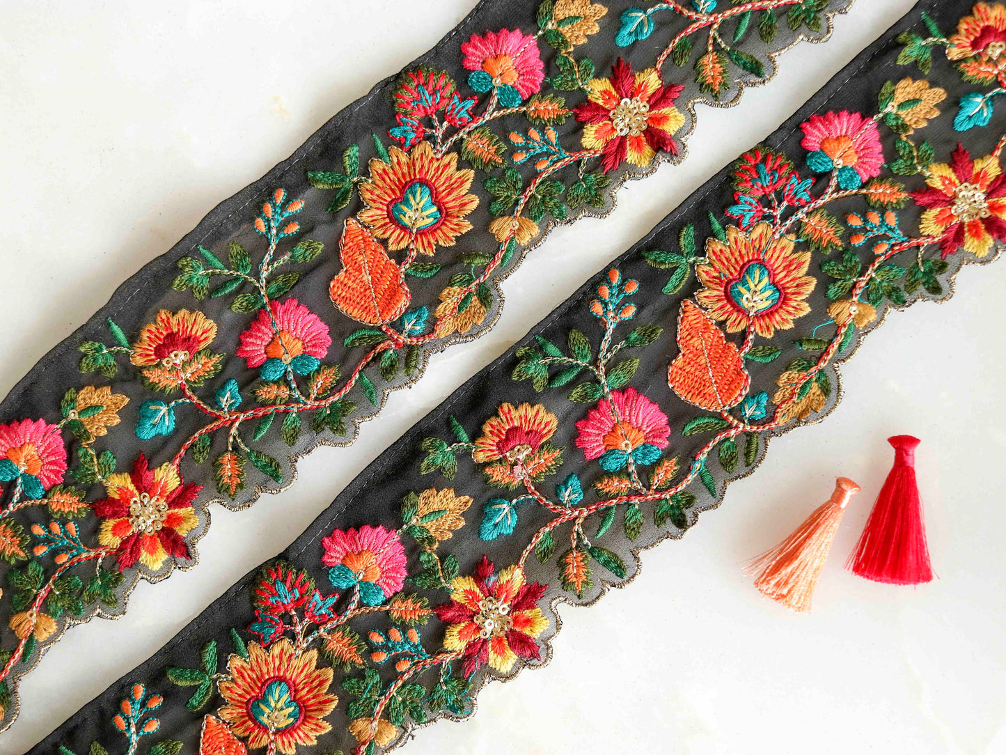 Black Floral Cutwork Embroidered Trim,Floral Tissue Border,Black Pink Orange Floral Lace,Indian Fabric Trim,Floral Saree Border,Price/mtr