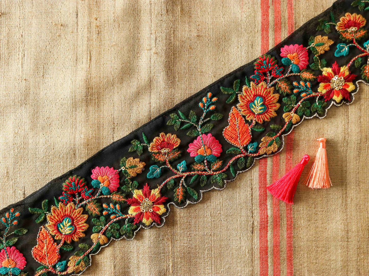 Black Floral Cutwork Embroidered Trim,Floral Tissue Border,Black Pink Orange Floral Lace,Indian Fabric Trim,Floral Saree Border,Price/mtr