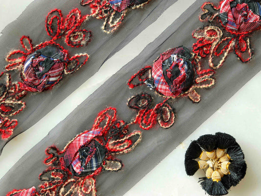 Black Floral Applique Embroidered Trim,Handmade Black Red Net Border,Boho Upcycled Tuft Lace,Indian Fabric Trim,Saree Border,Price/mtr