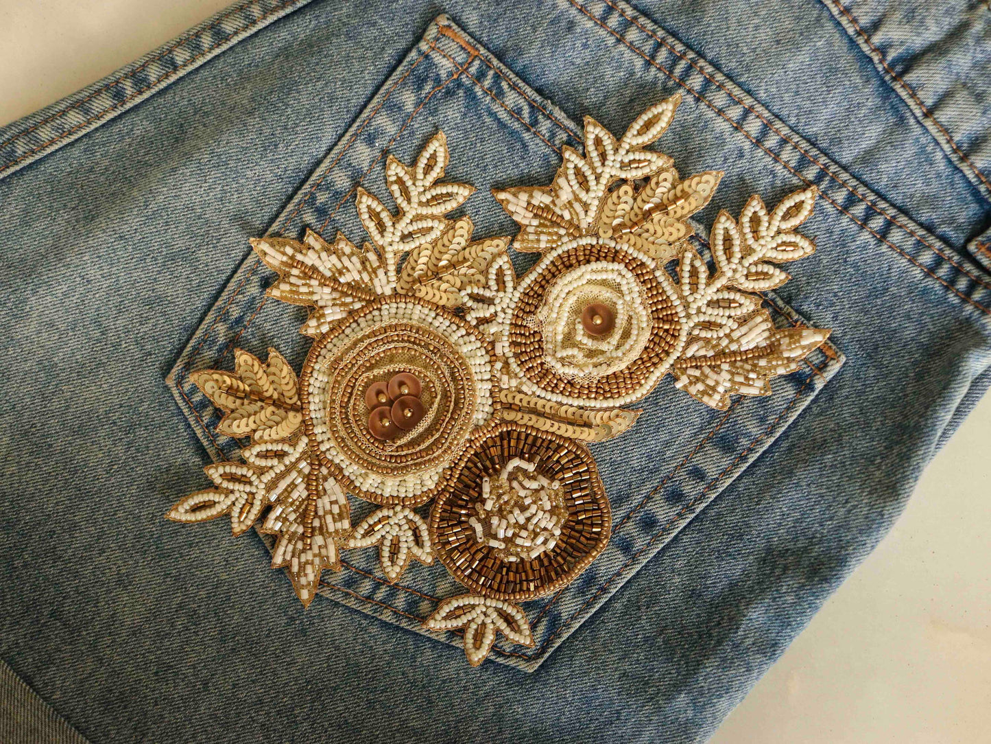 White Gold Beaded Floral Patch,Handmade embroidered large flower applique, 3 D White wedding Floral patch, DIY Patch