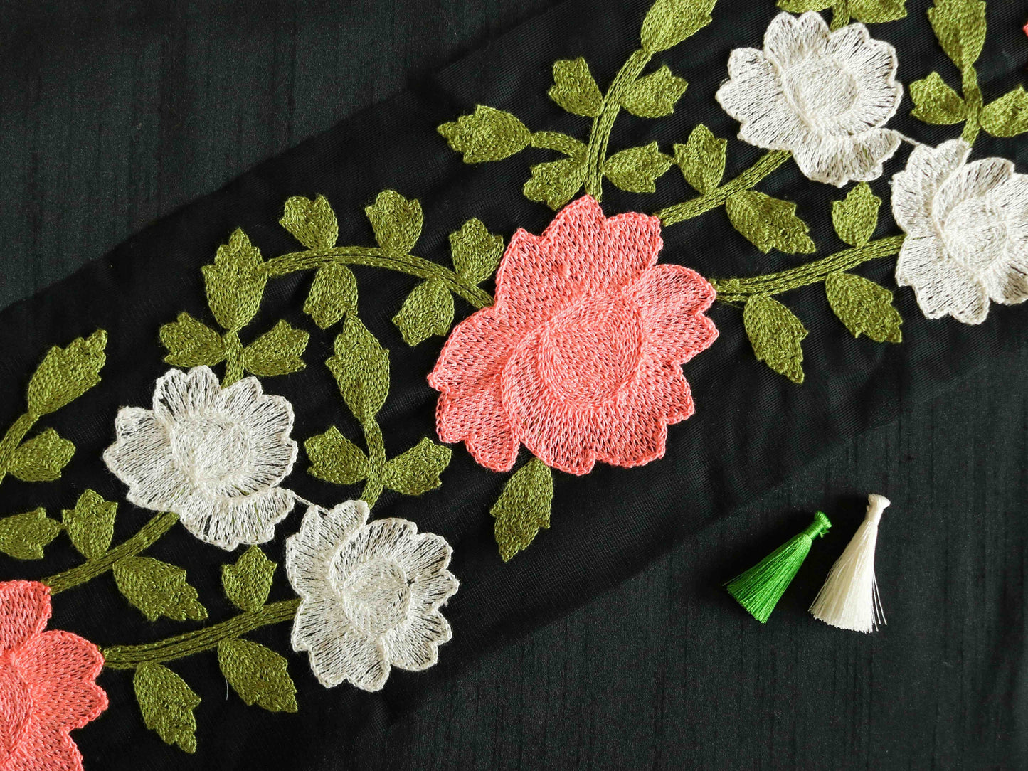 Black Pink Floral Net Trim,Broad Embroidered Net Floral Border,Black Green Net Lace,Indian Fabric Trim,Floral Saree Border,Price/mtr