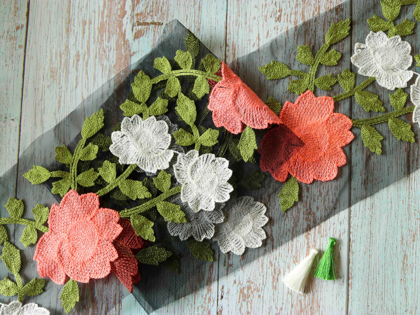 Black Pink Floral Net Trim,Broad Embroidered Net Floral Border,Black Green Net Lace,Indian Fabric Trim,Floral Saree Border,Price/mtr