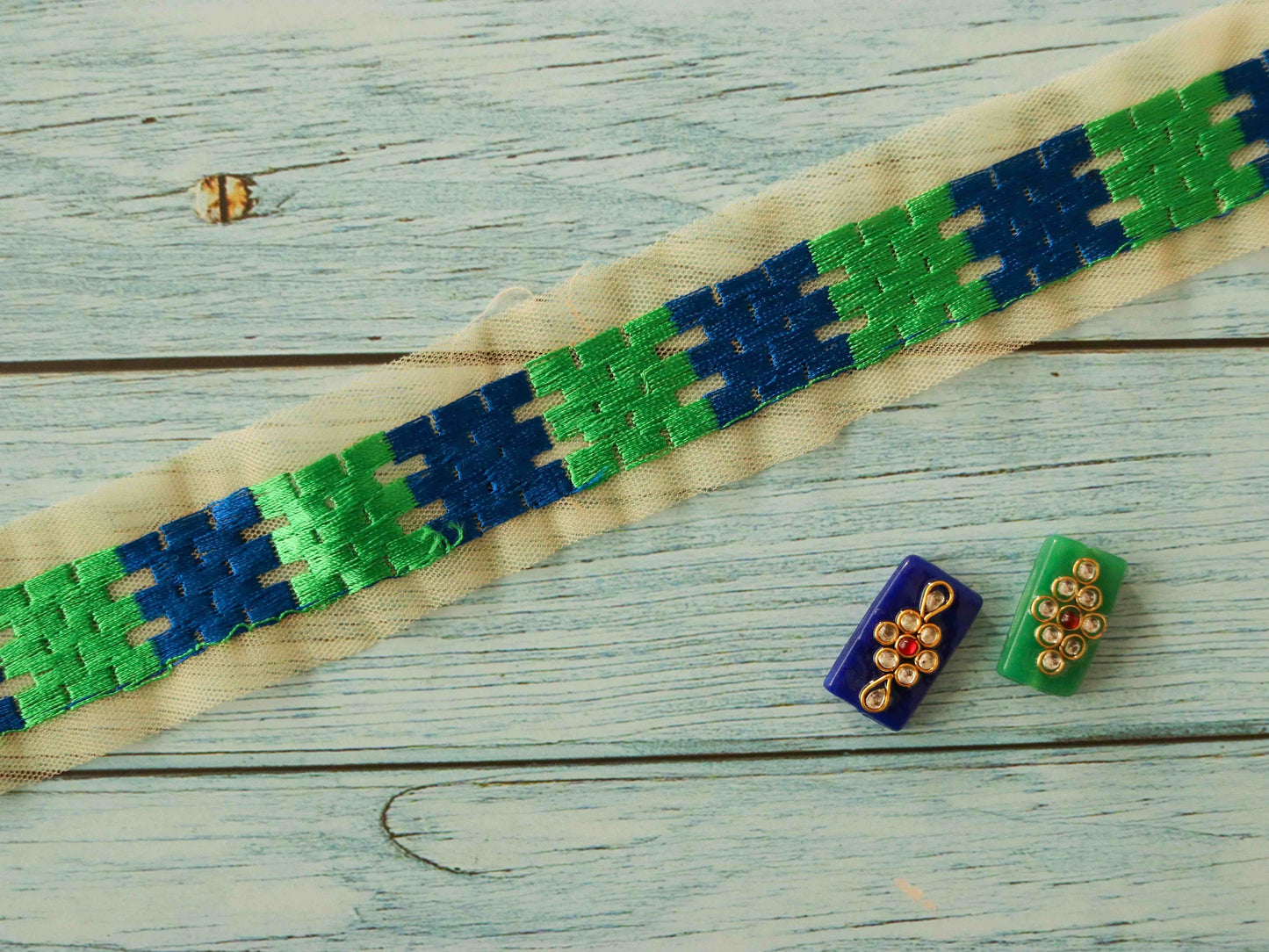 Green Checks Embroidered Phulkari Trim,Indian Border,Green Blue Geometric Multicolour Net Lace,Boho Hippie Phulkari Saree Border,Price/mtr