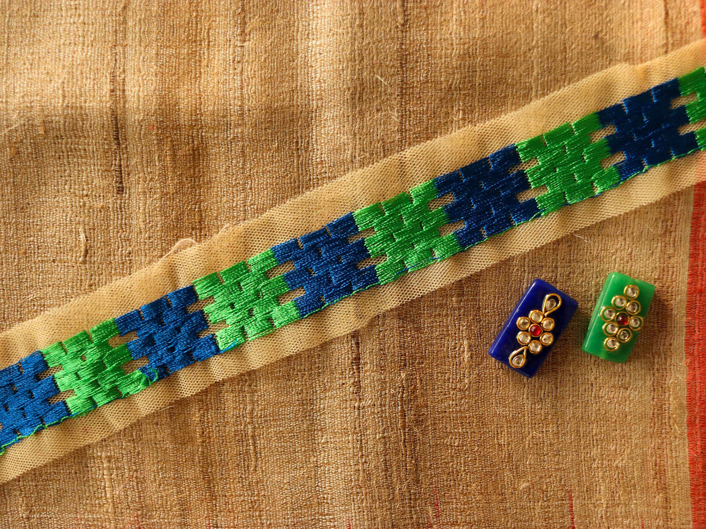 Green Checks Embroidered Phulkari Trim,Indian Border,Green Blue Geometric Multicolour Net Lace,Boho Hippie Phulkari Saree Border,Price/mtr