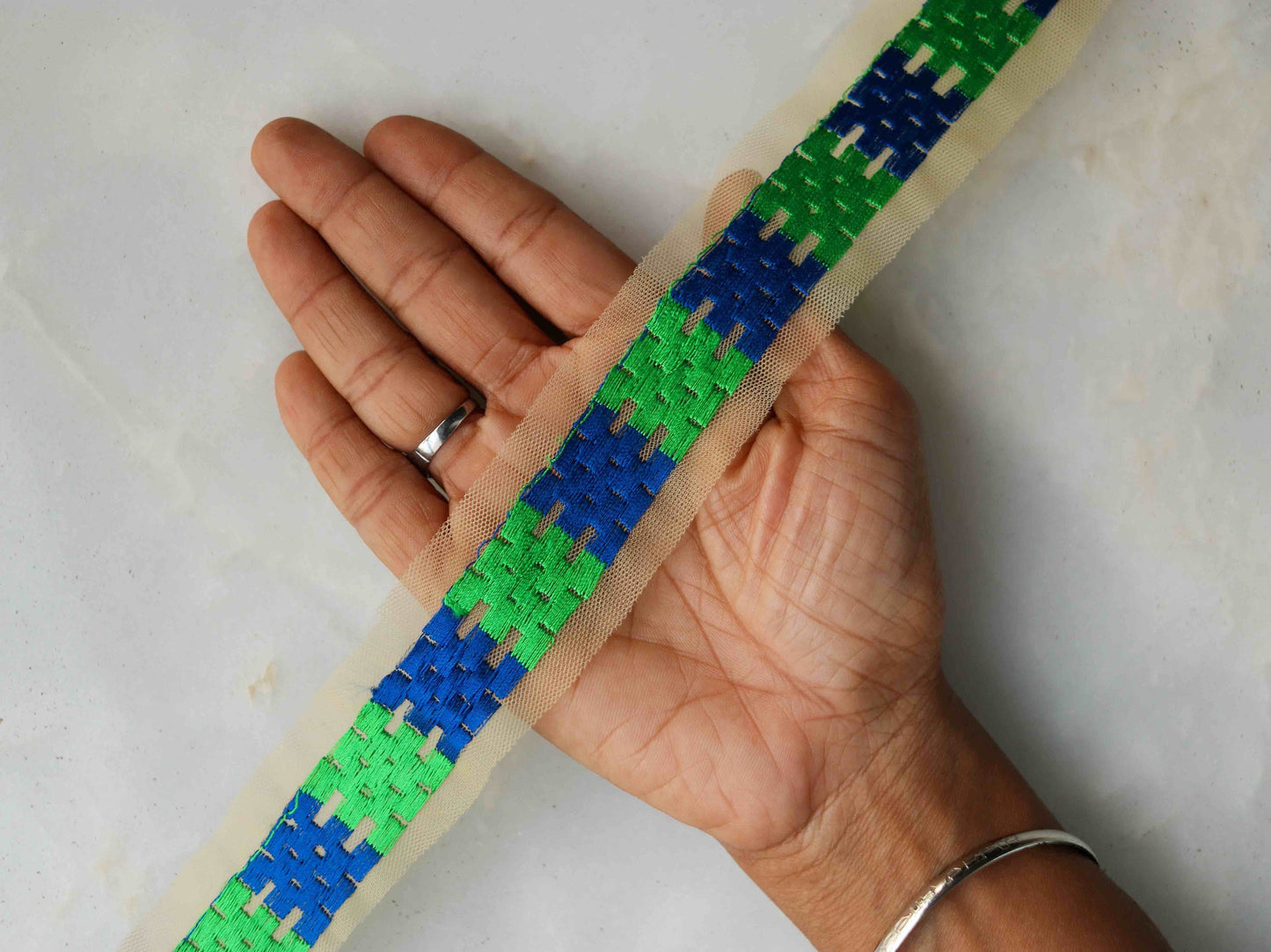 Green Checks Embroidered Phulkari Trim,Indian Border,Green Blue Geometric Multicolour Net Lace,Boho Hippie Phulkari Saree Border,Price/mtr