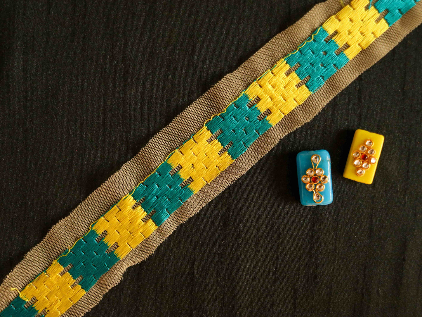 Yellow Checks Embroidered Phulkari Trim,Indian Border,Yellow Blue Geometric Multicolour Net Lace,Boho Hippie Phulkari Saree Border,Price/mtr