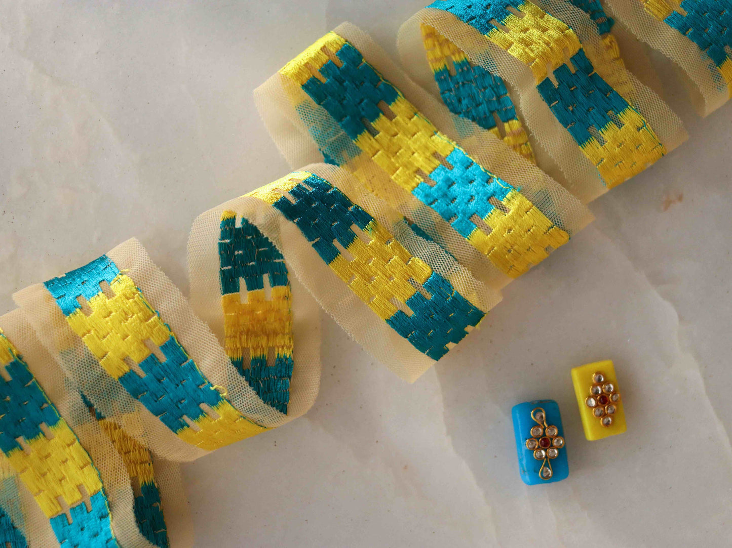 Yellow Checks Embroidered Phulkari Trim,Indian Border,Yellow Blue Geometric Multicolour Net Lace,Boho Hippie Phulkari Saree Border,Price/mtr