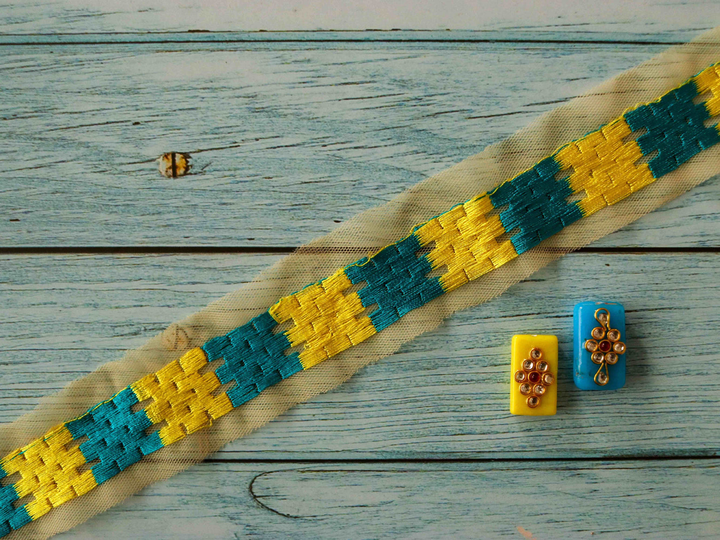 Yellow Checks Embroidered Phulkari Trim,Indian Border,Yellow Blue Geometric Multicolour Net Lace,Boho Hippie Phulkari Saree Border,Price/mtr