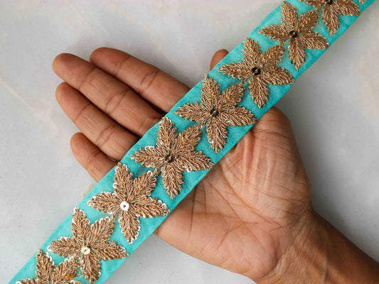 Green Gold Floral Embroidered Trim,Teal Golden Star Border,Aqua Green Floral Lace,Bridal Saree Border,Indian Fabric Trim,Price/mtr
