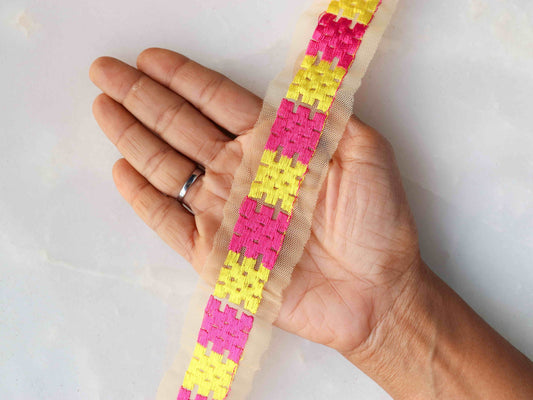 Yellow Checks Embroidered Phulkari Trim,Indian Border,Yellow Pink Geometric Multicolour Net Lace,Boho Hippie Phulkari Saree Border,Price/mtr