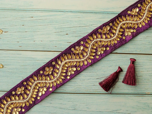 Purple Gold Floral Embroidered Trim,Handmade Vintage Calcutta Kundan Border,Bridal Designer Lace,Purple Floral Saree Border,Price/mtr