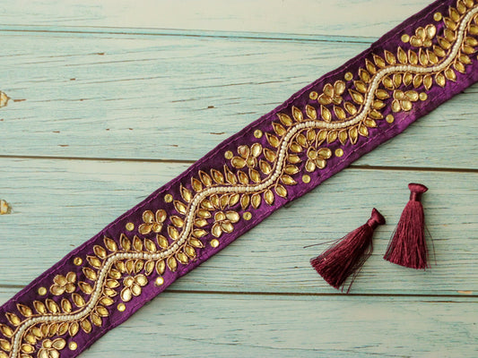 Purple Gold Floral Embroidered Trim,Handmade Vintage Calcutta Kundan Border,Bridal Designer Lace,Purple Floral Saree Border,Price/mtr