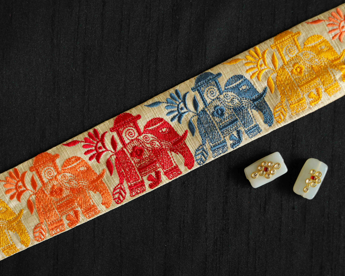 Off-White Multicolour Royal Elephant Trim, Embroidered Animal Border, Orange White Elephant Lace, Boho Royal Indian Designer Trim, Price/mtr