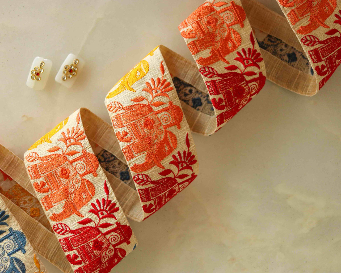 Off-White Multicolour Royal Elephant Trim, Embroidered Animal Border, Orange White Elephant Lace, Boho Royal Indian Designer Trim, Price/mtr