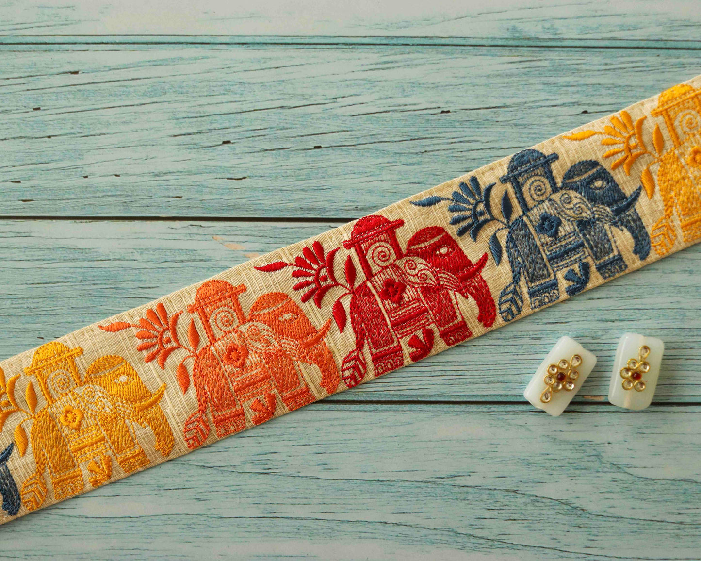 Off-White Multicolour Royal Elephant Trim, Embroidered Animal Border, Orange White Elephant Lace, Boho Royal Indian Designer Trim, Price/mtr