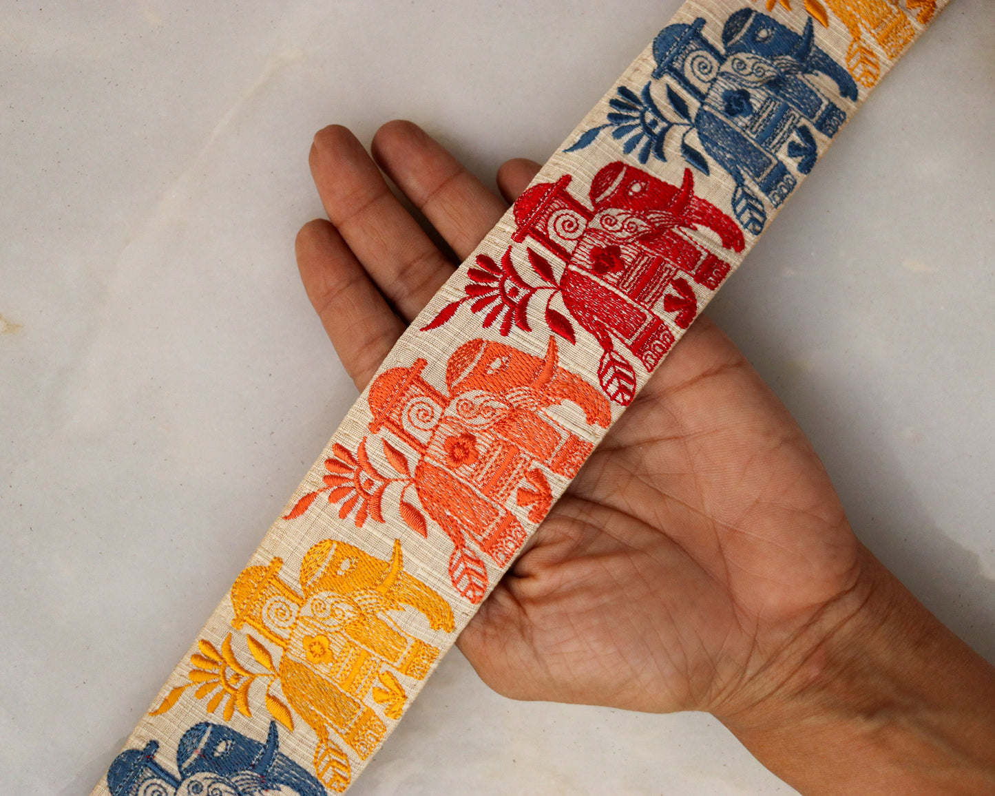 Off-White Multicolour Royal Elephant Trim, Embroidered Animal Border, Orange White Elephant Lace, Boho Royal Indian Designer Trim, Price/mtr