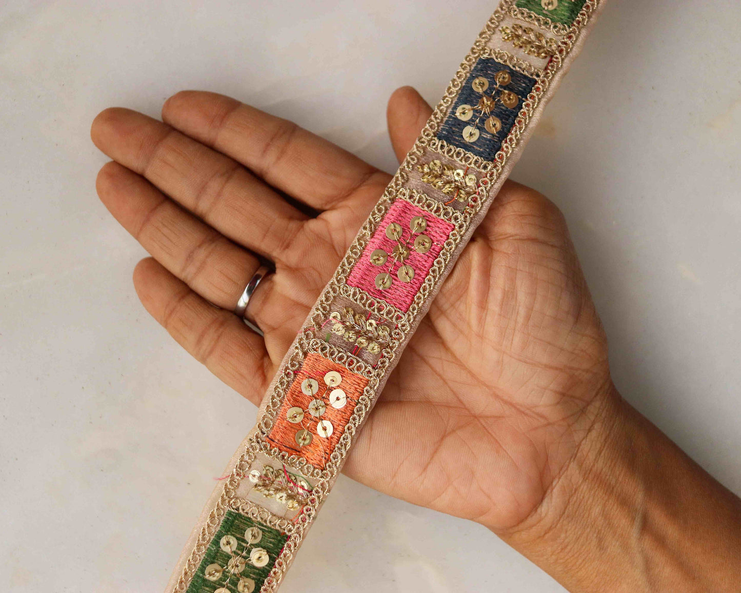 Boho Pastel Patchwork Embroidered Trim,Colourful Gold Zari Sequin Tissue Border,Square Patchwork Lace,Indian Saree Border,Price/mtr