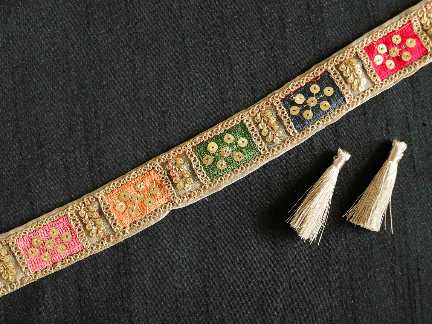 Boho Pastel Patchwork Embroidered Trim,Colourful Gold Zari Sequin Tissue Border,Square Patchwork Lace,Indian Saree Border,Price/mtr