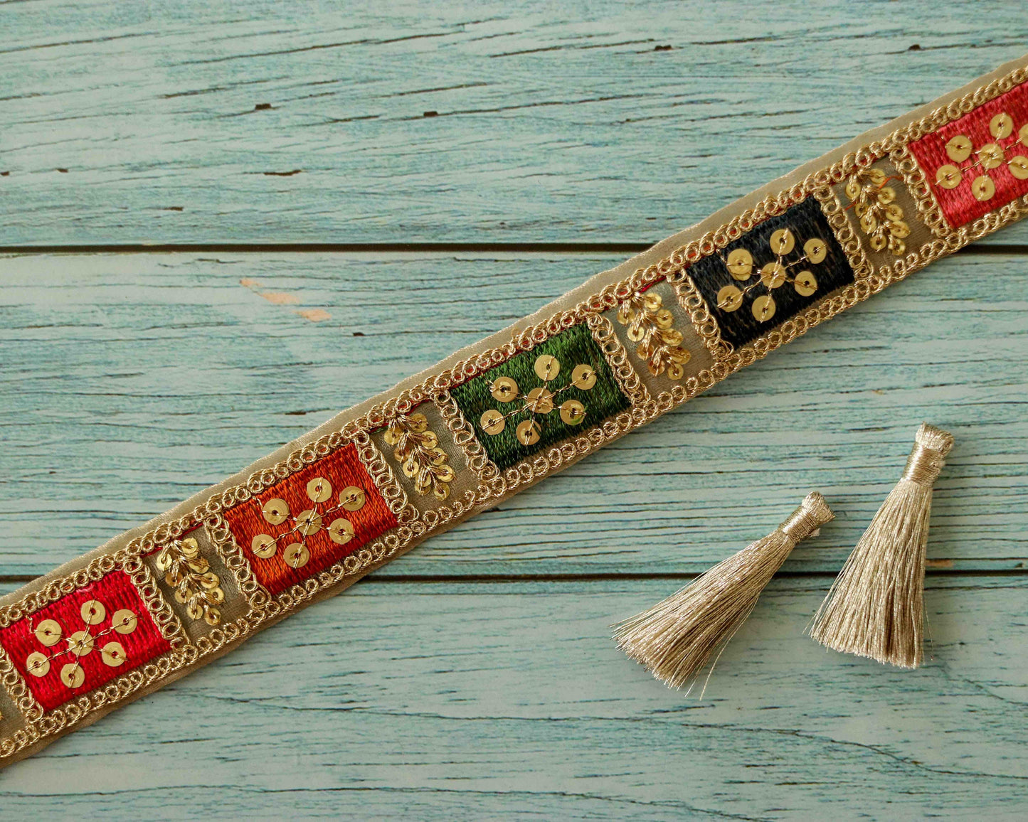 Boho Pastel Patchwork Embroidered Trim,Colourful Gold Zari Sequin Tissue Border,Square Patchwork Lace,Indian Saree Border,Price/mtr