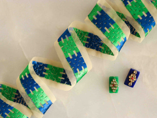 Green Checks Embroidered Phulkari Trim,Indian Border,Green Blue Geometric Multicolour Net Lace,Boho Hippie Phulkari Saree Border,Price/mtr