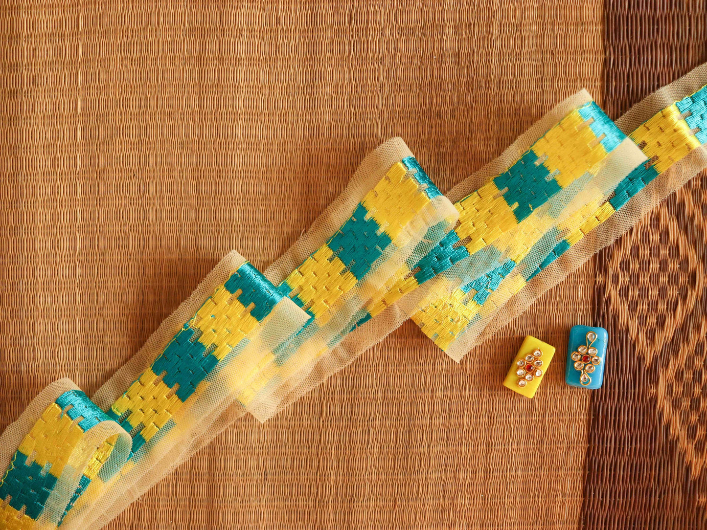 Yellow Checks Embroidered Phulkari Trim,Indian Border,Yellow Blue Geometric Multicolour Net Lace,Boho Hippie Phulkari Saree Border,Price/mtr